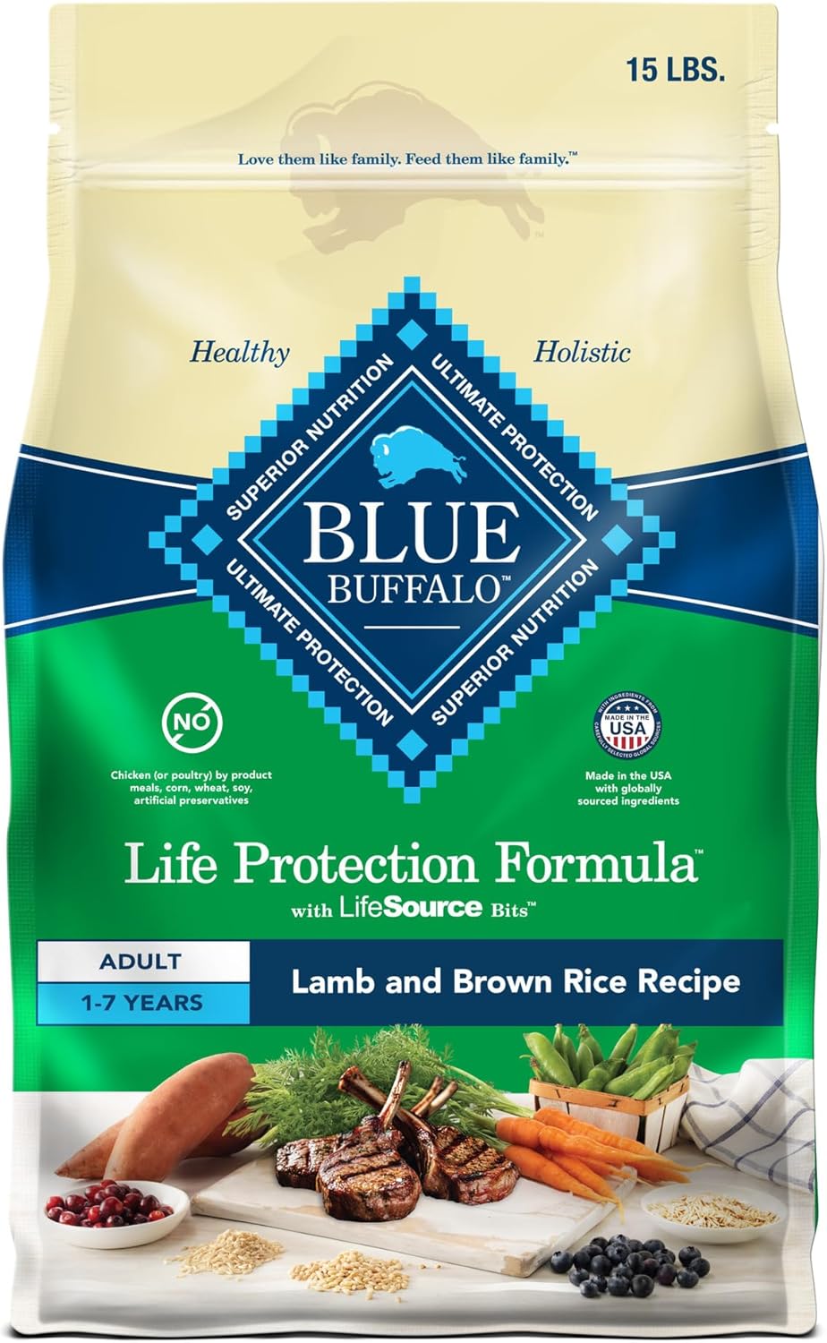 Blue Buffalo Life Protection Formula Adult Dry Dog Food, Helps Build And Maintain Strong Muscles, Made With Natural Ingredients, Lamb & Brown Rice Recipe, 15-Lb. Bag