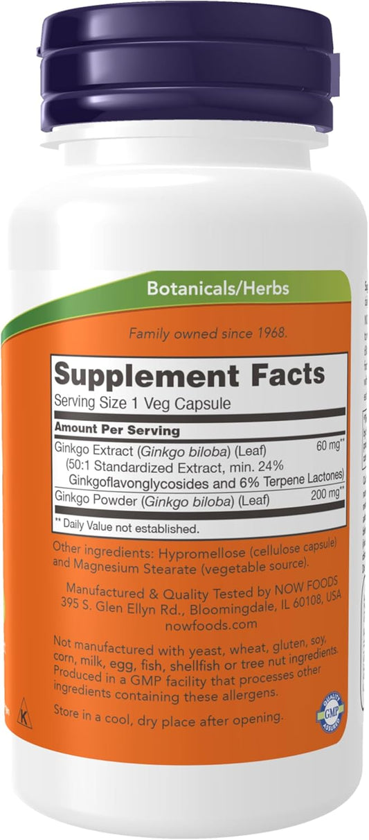 Now Foods Supplements, Ginkgo Biloba 60 Mg, 24% Standardized Extract, Non-Gmo Project Verified, 60 Veg Capsules