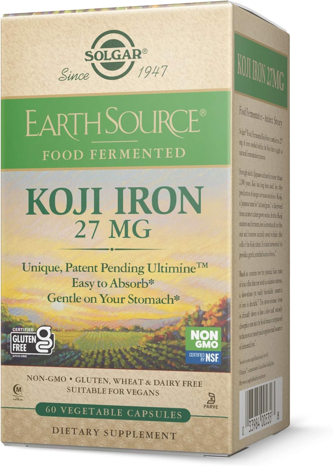 Solgar Earth Source Food Fermented Koji Iron 27Mg, 60 Vegetable Capsules - Higher-Absorption, Slow-Release Iron - Gentle On The Stomach - Non-Gmo, Vegan, Gluten Free, Dairy Free, Kosher - 60 Servings