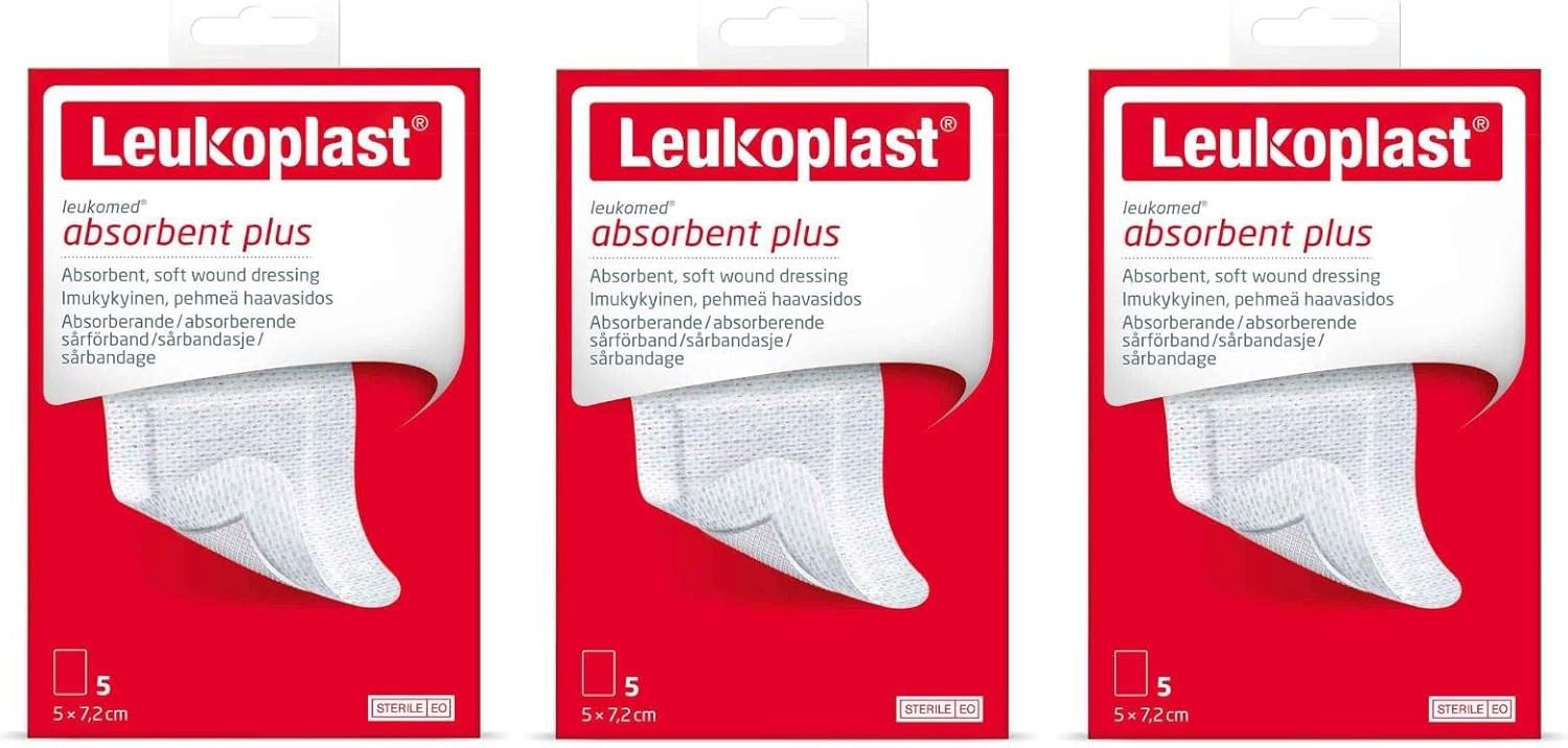 Leukoplast Leukomed Absorbent Plus Dressings - Soft Cushioning Breathable Fabric Wound Plaster For Cuts & Blisters - 5Pcs 5Cm X 7.2Cm (X3 Pack)