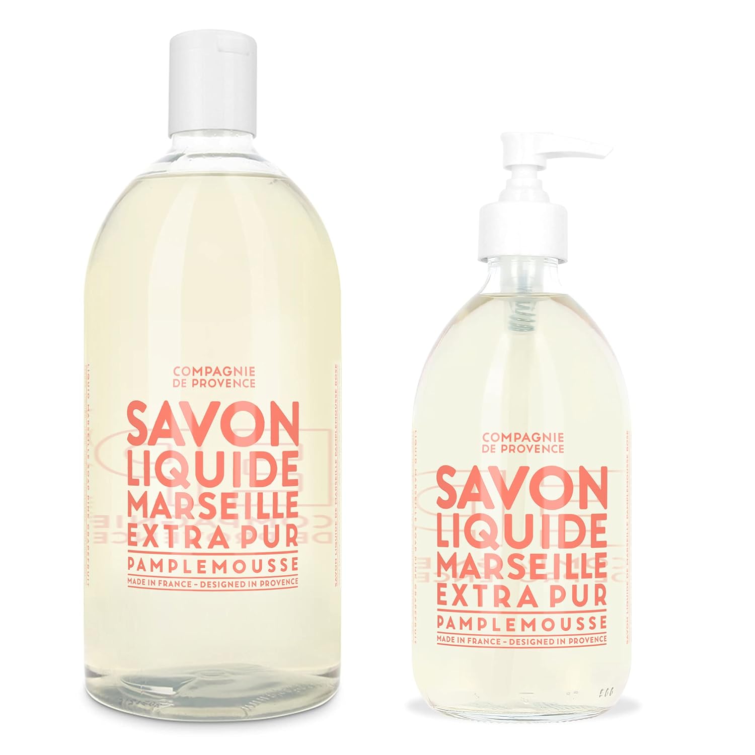 Compagnie De Provence Savon De Marseille Extra Pure Liquid Soap - Pink Grapefruit - 16.7 Fl Oz Glass Pump Bottle And 33.8 Fl Oz Plastic Bottle Refill