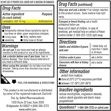 Safrel Loratadine 10mg Tablets | Non-Drowsy 24 Hour Allergy Relief Medicine | Antihistamine Support for Runny Nose, Sneezing, Itchy, Watery Eyes (100 Count (Pack of 1)) : Health & Household