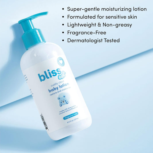 Bliss Baby Lotion, Fragrance-Free, For Dry & Sensitive Skin, Hydrating Daily Lotion - For Babies, Kids & Adults, Vegan, Hypoallergenic, Dermatologist Tested, Clean & Gentle, Non-Toxic, 8 Fl Oz