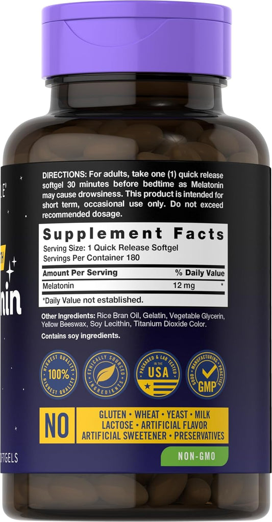 Carlyle Melatonin 12 Mg | 180 Softgel Capsules | Adult Extra Strength Support Supplement | Non-Gmo, Gluten Free