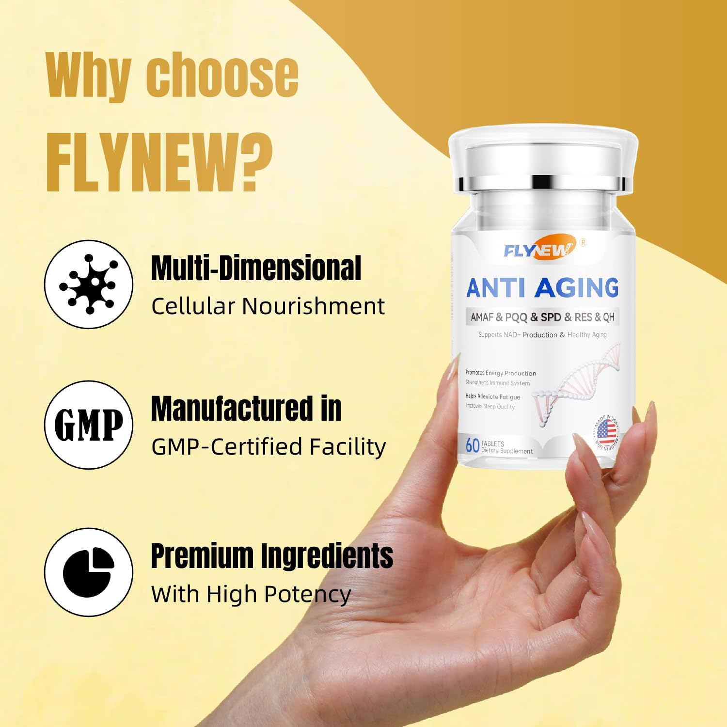 Flynew Anti-Aging, Resveratrol,Nadh& Pqq, Healthy Hair, Skin, And Nails, Cellular Health, Spermidine, Ubiquinol, Gmp, Made In Usa 60 Capsules : Health & Household