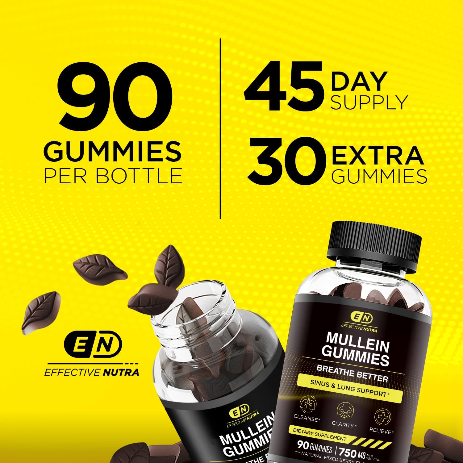 EFFECTIVE NUTRA Mullein Gummies 9in1 - Mullein Leaf Extract for Lungs, Breathe Better with Mullein Gummies for Lungs and Sinus Support - Cleanse, Clarity, Relief (90ct) : Health & Household