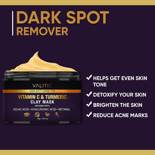 Valitic Vitamin C & Turmeric Clay Mask - Dark Spot Corrector With Kojic Acid, Hyaluronic Acid & Retinol - Skin Care Routine For Minimizing Pores & Blackheads - With Applicator Brush - 50G