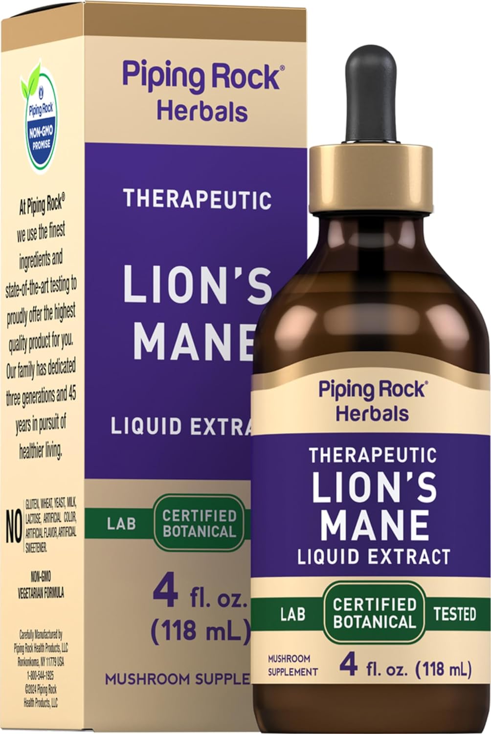 Piping Rock Lions Mane Mushroom Liquid Extract | 4 Fl Oz | Alcohol Free, Vegetarian Supplement | Non-GMO, Gluten Free Tincture