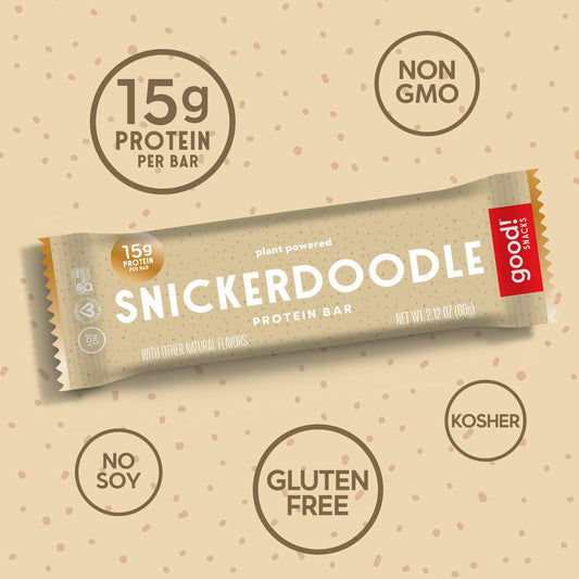 Good! Snacks Vegan Protein Bars, Snickerdoodle Bar, Gluten-Free, Plant Based, Low Sugar, High Protein Meal Replacement Bar, Guilt-Free & Nutritious Healthy Snacks For Energy, 15G Protein, Kosher, Soy Free, Non Dairy, Non Gmo, Vegetarian (12 Bars)