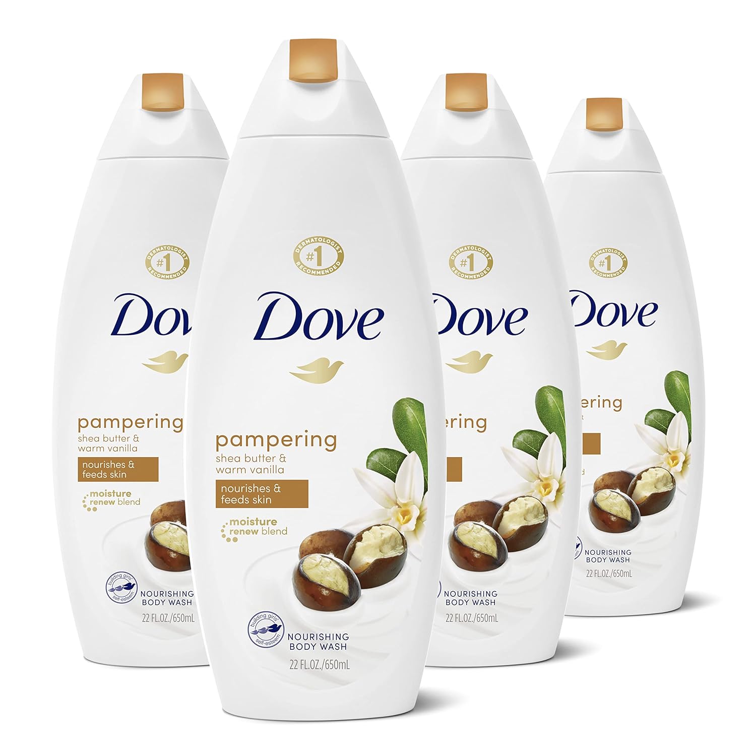 Dove Purely Pampering Body Wash For Dry Skin Shea Butter With Warm Vanilla Effectively Washes Away Bacteria While Nourishing Your Skin, 22 Fl Oz (Pack Of 4)