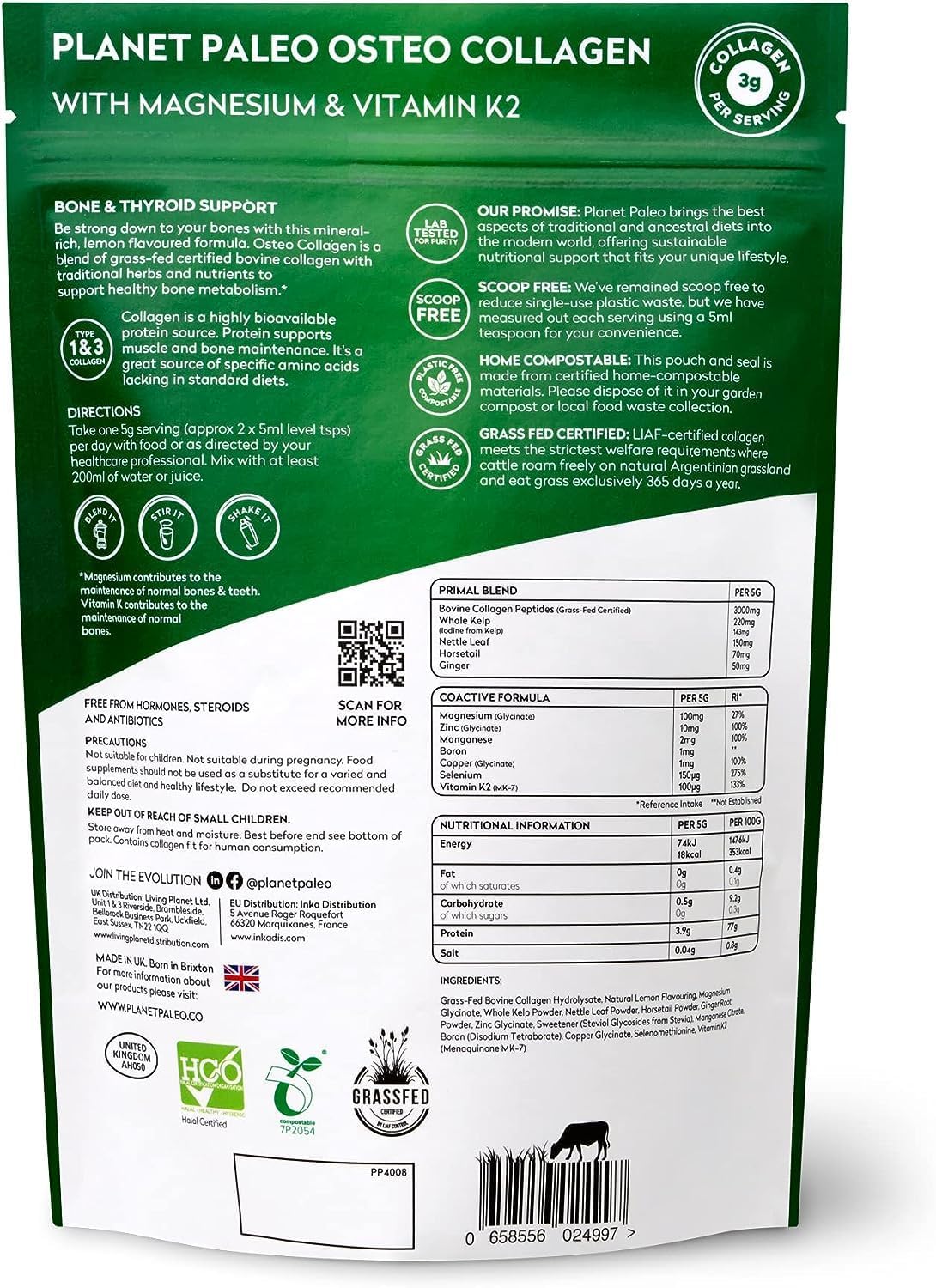 Planet Paleo Osteo Collagen Powder for Bone Health (175g, 35 Servings) Grass-Fed Bovine Collagen Peptides, with Zinc & Vitamin K2, Bone Density & Joint Health, Lemon : Amazon.co.uk: Health & Personal Care