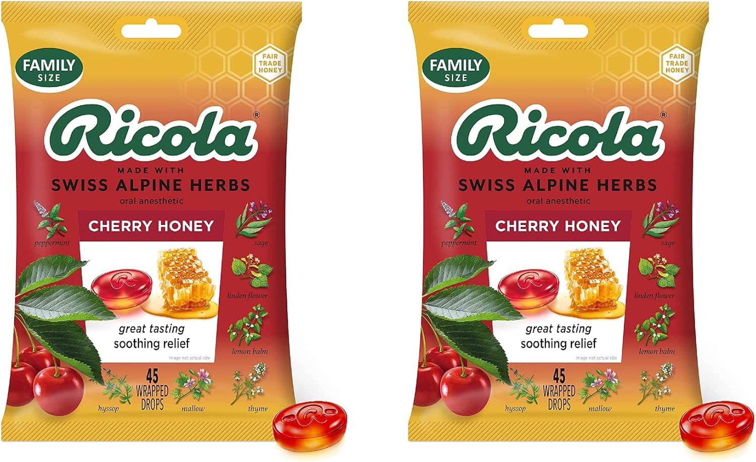 Ricola Cherry Honey Herbal Family Size Bag | Cough Suppressant Throat Drops | Naturally Soothing Long-Lasting Relief - 45 Count (Pack of 2)