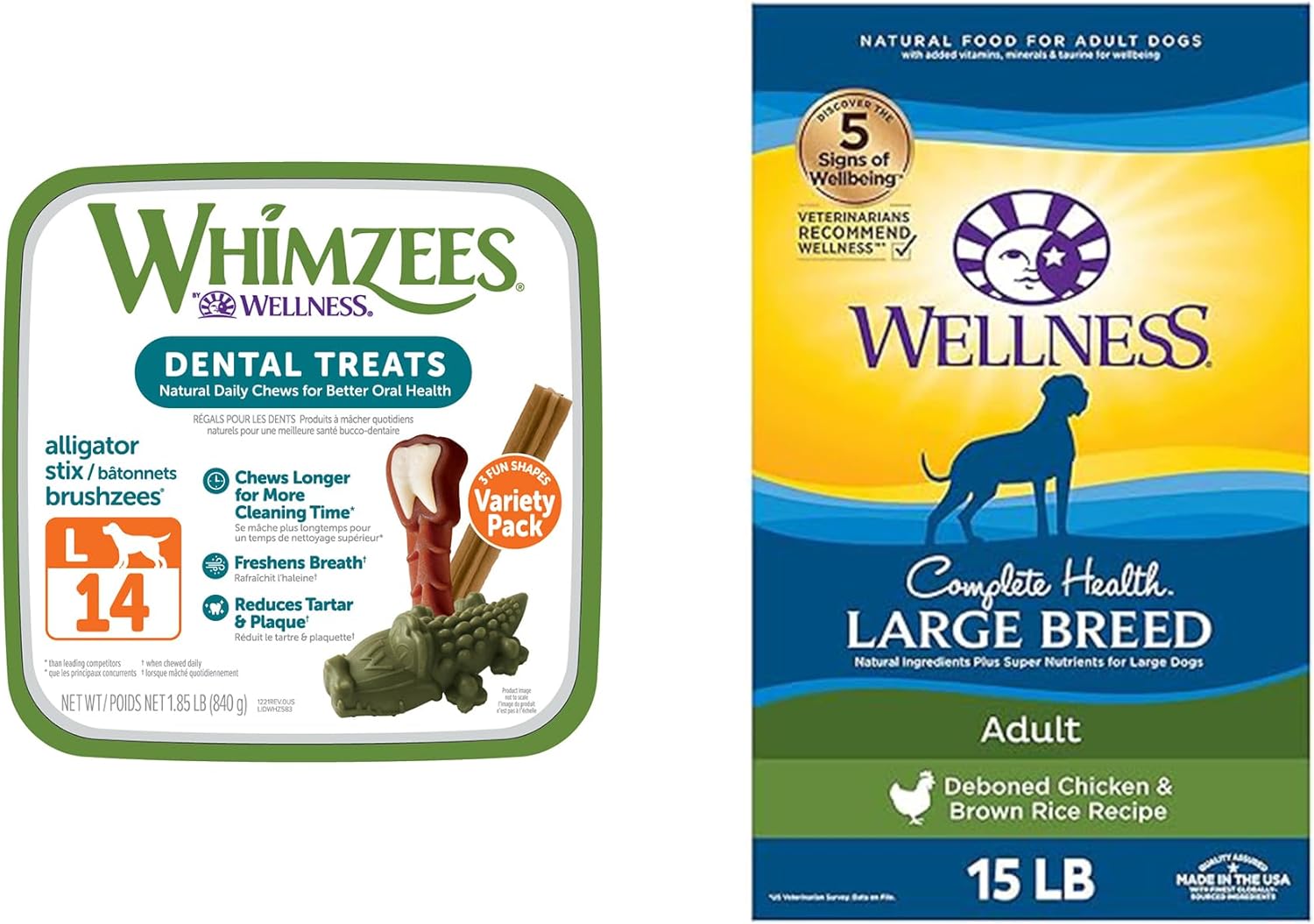 Whimzees Natural Grain-Free Dog Dental Chews, Large Breed, Variety Pack, 14 Count Bundle + Wellness Complete Health Large Breed Dry Dog Food, Chicken & Salmon, 15-Pound Bag