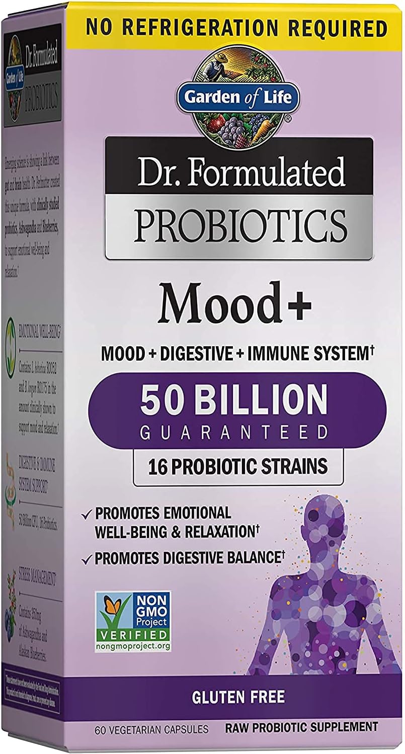 Garden Of Life Dr. Formulated Probiotics Mood+ Acidophilus Probiotic Supplement - Promotes Relaxation And Digestive Balance - Ashwagandha For Stress Management - Non Gmo, Gluten Free - 60 Veggie Caps