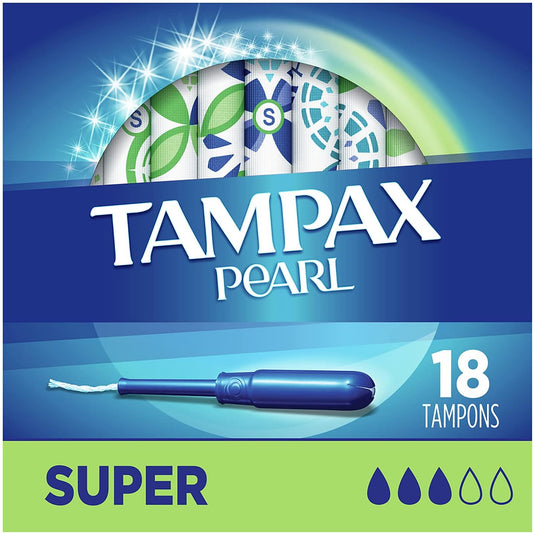 Tampax Pearl Plastic, Super Absorbency, Unscented Tampons, Multicolor, 18 Count