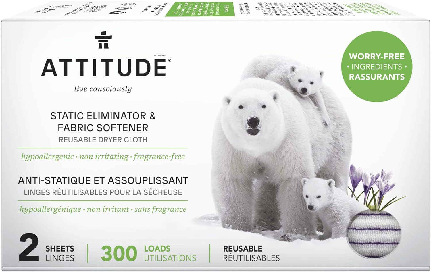 Attitude Static Eliminator And Fabric Softener, Reusable Dryer Cloth, Hypoallergenic And Fragrance-Free, Vegan And Cruelty-Free Household Products, 300 Loads, 2 Sheets