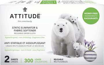 Attitude Static Eliminator And Fabric Softener, Reusable Dryer Cloth, Hypoallergenic And Fragrance-Free, Vegan And Cruelty-Free Household Products, 300 Loads, 2 Sheets