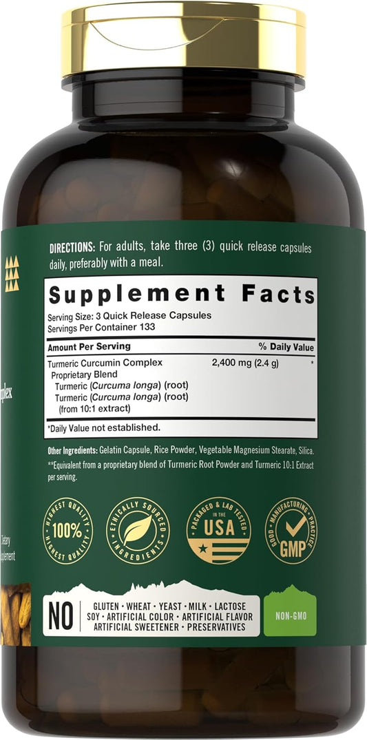 Tahoe Nutritionals Turmeric Curcumin Supplement 2400Mg | 400 Powder Capsules | Non-Gmo, Gluten Free Complex