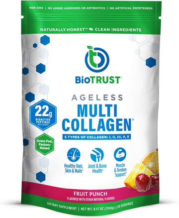 Biotrust Ageless Multi Collagen Peptides Powder – 5 Types (I, Ii, Iii, V, X) – Fruit Punch Collagen Powder For Women & Men – Hydrolyzed Protein – Grass Fed Beef, Fish, Chicken, Eggshell Membrane