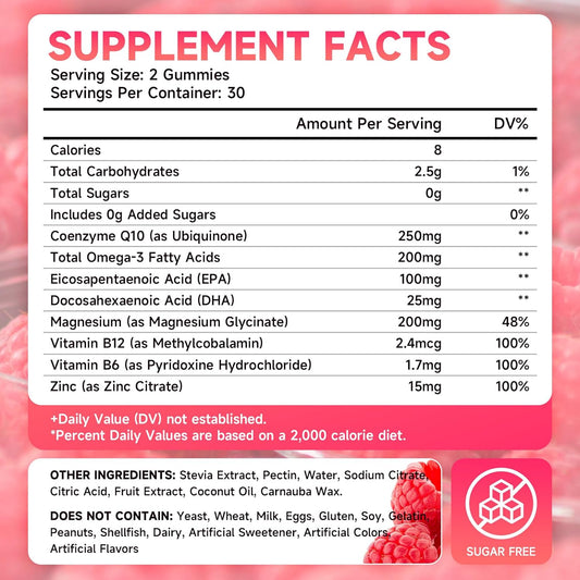 Sugar-Free Coq10 Gummies 250Mg, Coenzyme Q10 Supplements Plus Omega-3, Vitamin B6 & Zinc, High Absorption Coq10 Supplement For Cellular Energy & Antioxidant Support, Raspberry Flavor, Vegan 120Cts