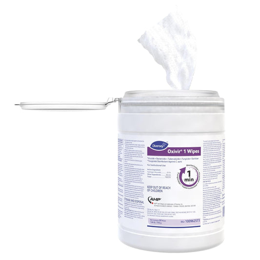 Diversey Oxivir 1 100962573 Disinfectant Wipes, Virucidal, Bactericidal, Tuberculocidal, Fungicide With Accelerated Hydrogen Peroxide, Unscented, 60 Large 10"X10" Wipes, 1-Canister