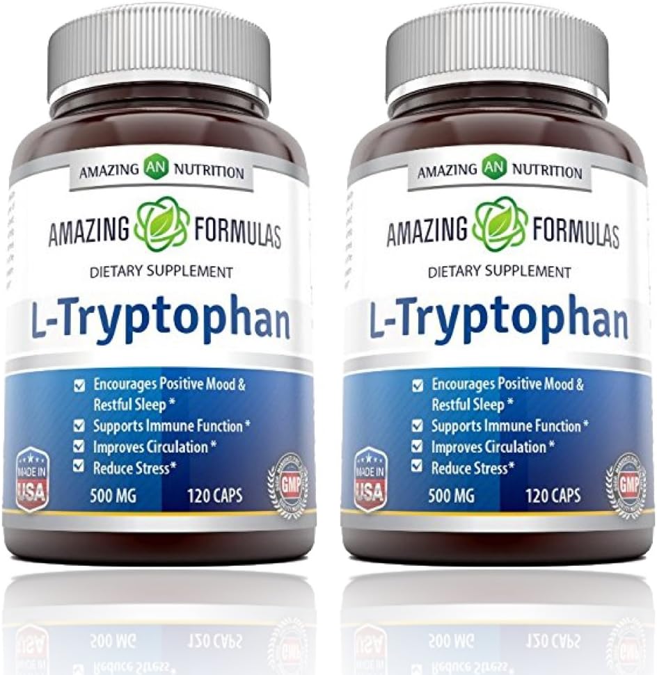 Amazing Formulas L-Tryptophan 500 Mg Capsules Supplement | Non-GMO | Gluten Free | Made in USA (120 Count | 2 Pack)