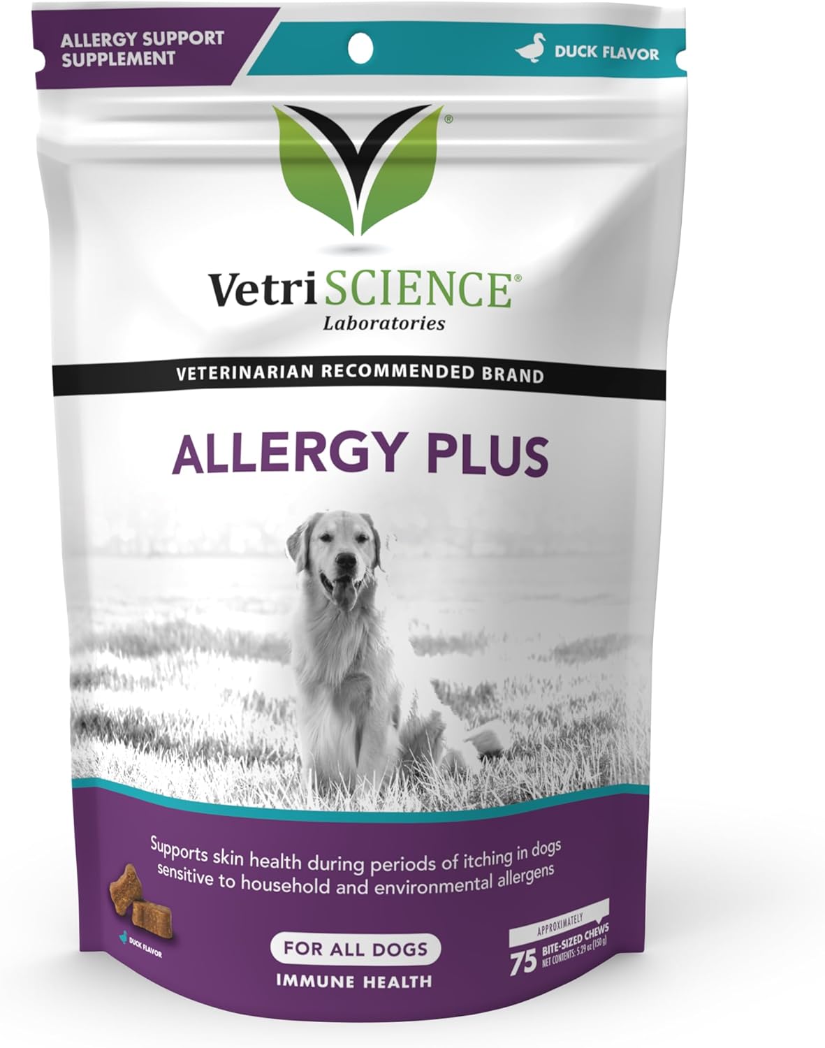 VetriScience Allergy Plus Immune Support Supplement for Dogs, Duck Flavor, 75 Chews – Probiotic Allergy Chews for Itchy Skin, Paw Licking, Watery Eyes, Sneezing and GI Support