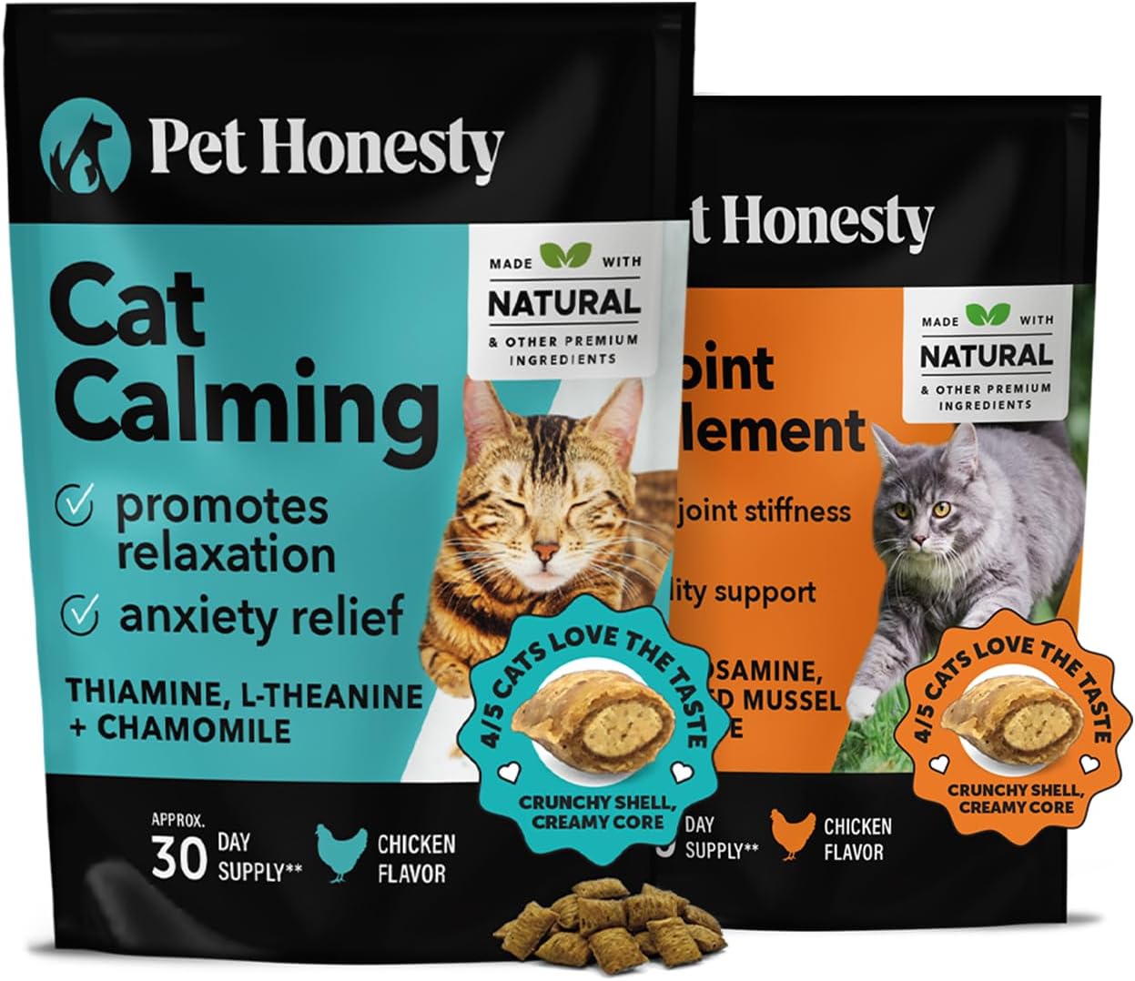 Pet Honesty Cat Calming + Cat Hip & Joint Support Dual Texture Chew Supplement Bundle - Helps Reduce Stress And Cat Anxiety Relief, Glucosamine Joint Support Supplement, Hip Support