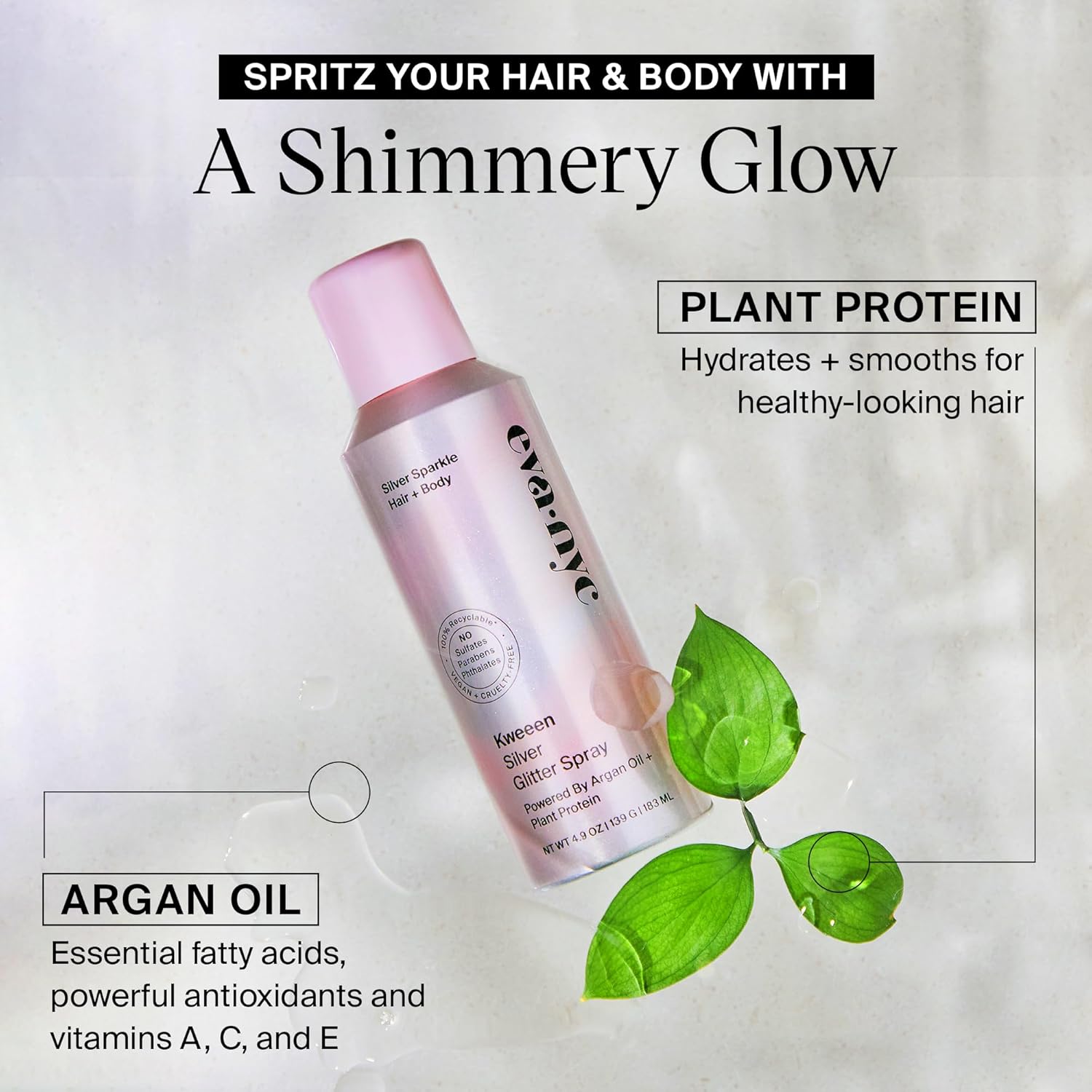 Eva Nyc Kweeen Silver Hair And Body Glitter Spray - Adds Shine & Glitter - Lightweight, Buildable + Biodegradable Formula - Non-Sticky, Quick Drying Shimmer Spray - Warm Vanilla Scent - 4.9 Oz