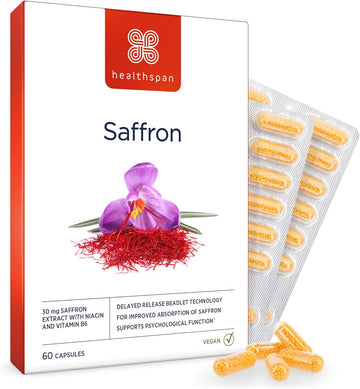 Healthspan 30Mg Saffron Mood Support (60 Capsules) | Positive Mood & Emotional Balance | Supports Relaxation | Niacin & Vitamin B6 To Reduce Tiredness & Support Normal Psychological Function | Vegan
