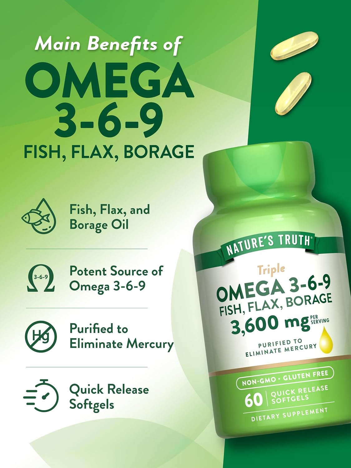 Nature's Truth Triple Omega 3-6-9 Softgels | 3600mg | 60 Count | Fish, Flax, Borage Oils Supplement | Non-GMO & Gluten Free Supplement : Health & Household