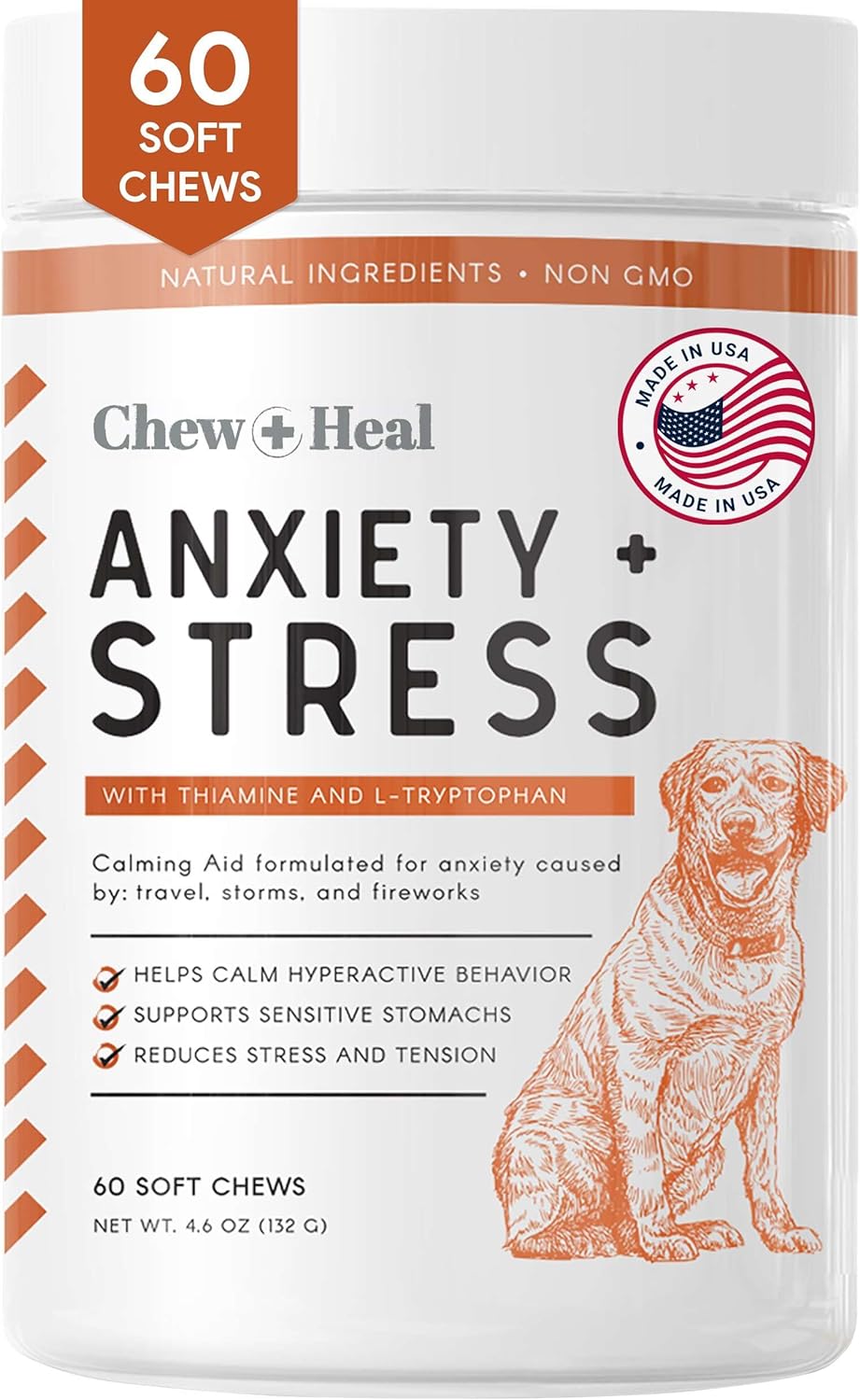 Calming Chews For Dogs - 60 Anxiety Relief Treats For Fireworks, Thunder, And Storms - Natural Dog Calming Treats For Large And Small Breeds With Thiamine, L-Tryptophan, Ginger, And Melatonin