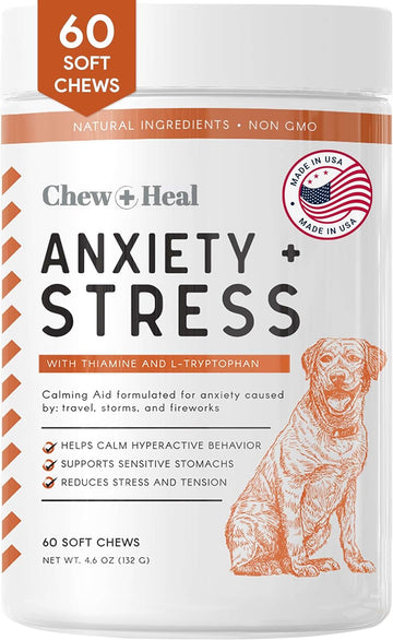 Calming Chews For Dogs - 60 Anxiety Relief Treats For Fireworks, Thunder, And Storms - Natural Dog Calming Treats For Large And Small Breeds With Thiamine, L-Tryptophan, Ginger, And Melatonin