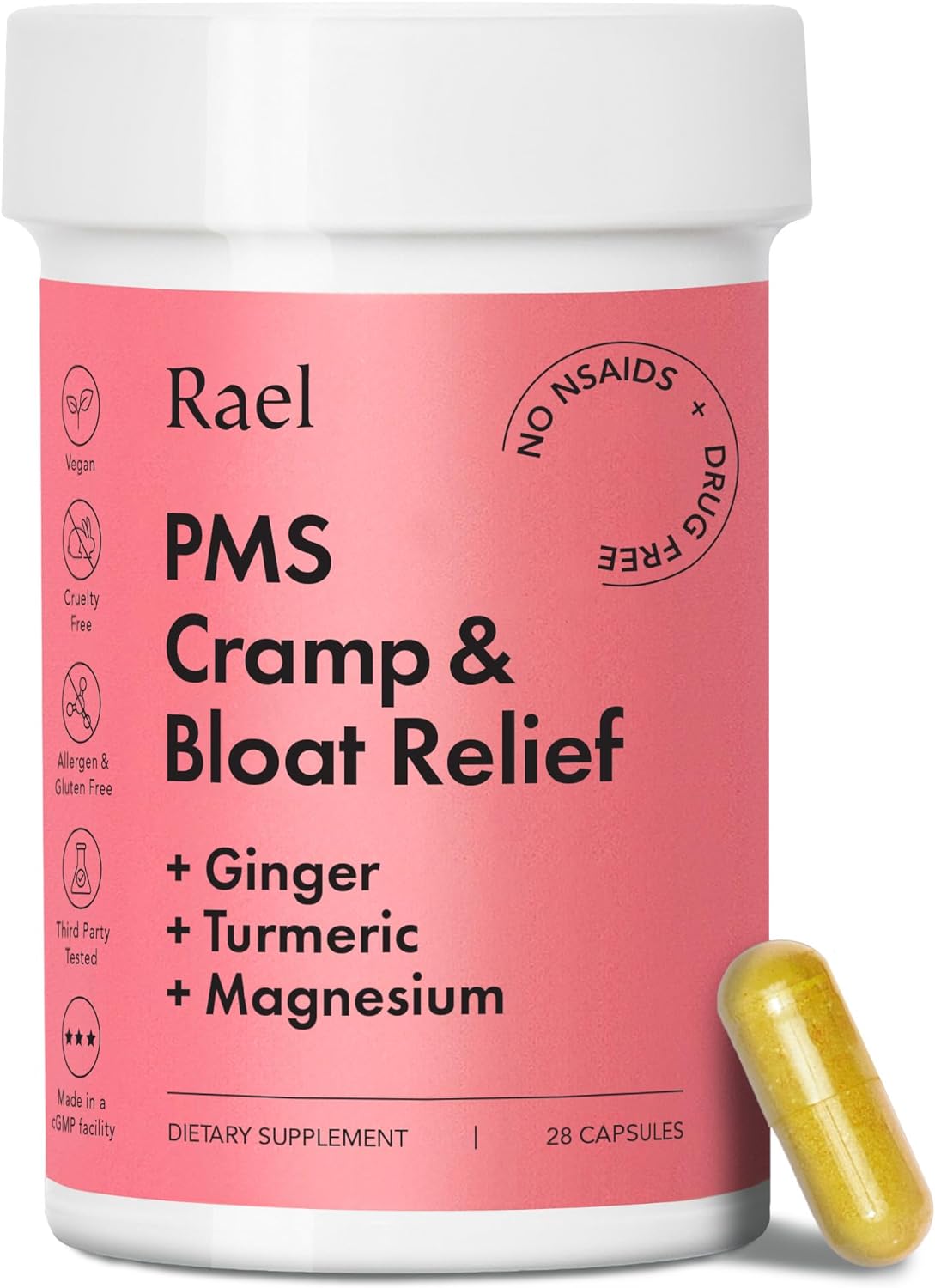 Rael PMS Supplement - Hormone Balance for Women, PMS Relief, Menstrual Cramps, Period Bloating, Mood Swings Treatment with Turmeric, Ginger, Magnesium, No NSAIDs, Vegan (28 Capsules)