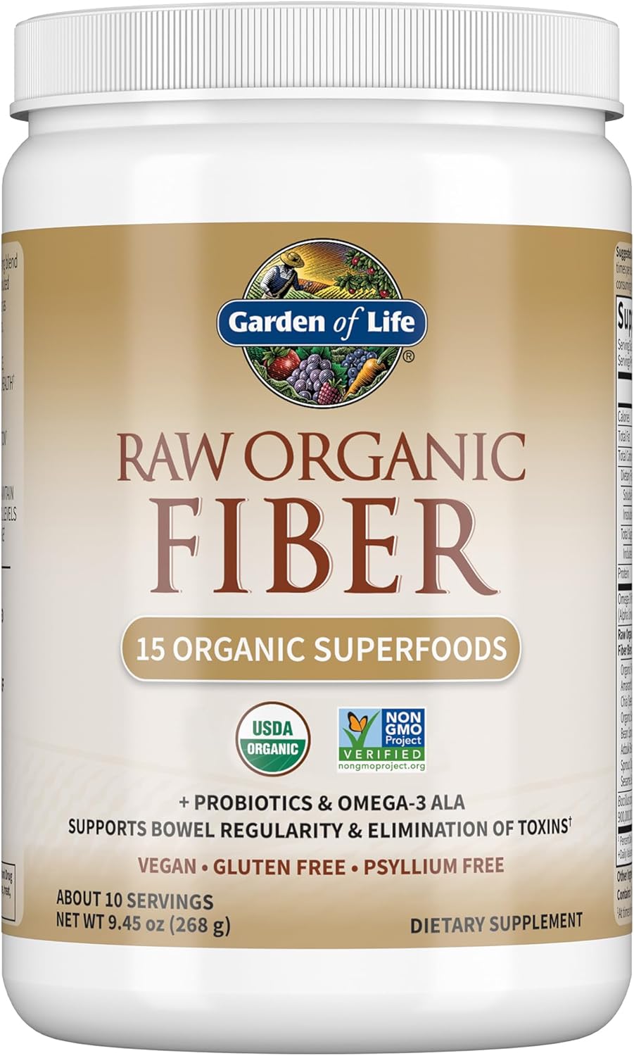 Garden Of Life Raw Organic Fiber Supplement Powder - 10 Servings, 15 Organic Superfoods + Probiotics & Omega-3 Ala, 4G Soluble & 5G Insoluble Fiber For Regularity - Psyllium Free