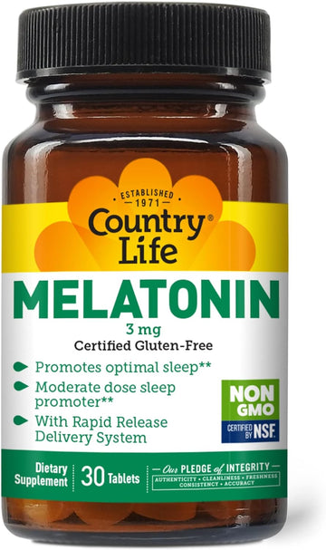 Country Life Melatonin, Promotes Optimal Sleep, 3Mg, 30 Tablets, Certified Gluten Free, Certified Vegan, Non-Gmo Verified