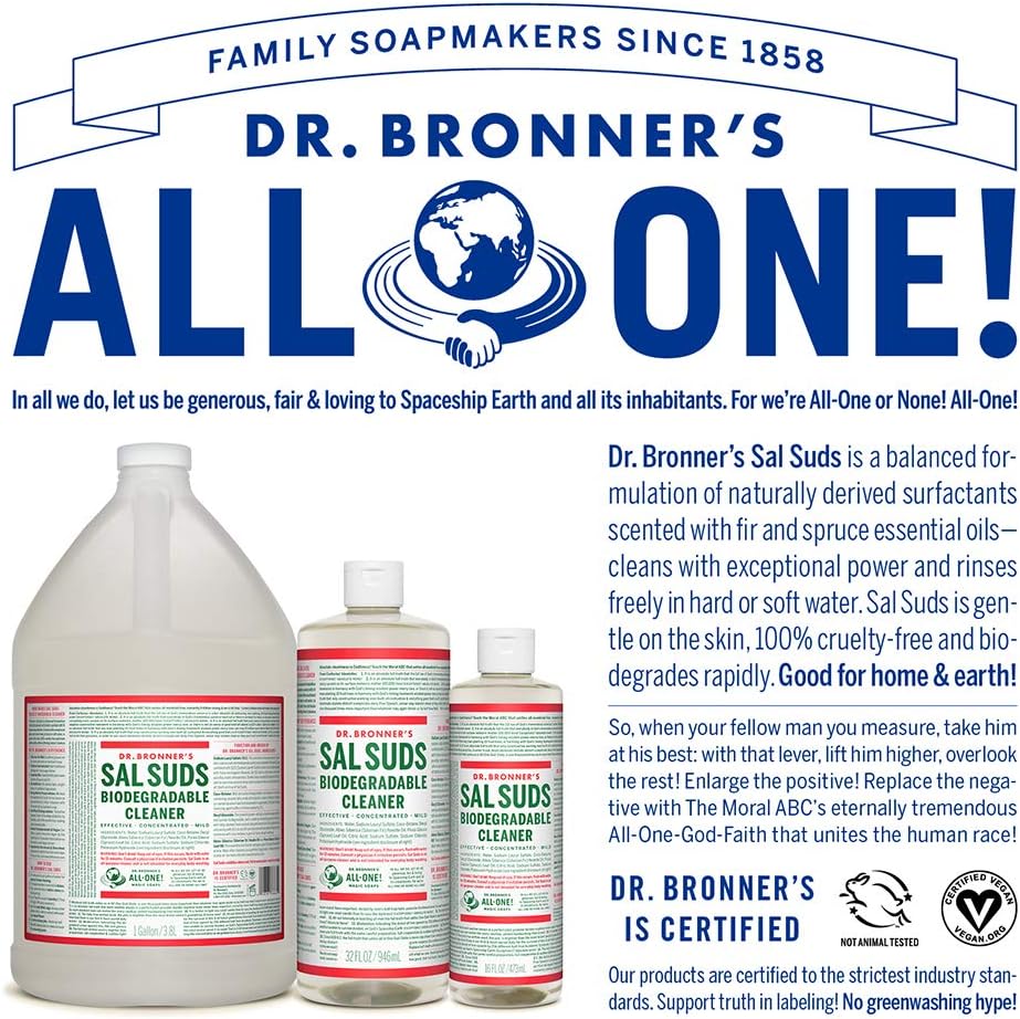 Dr. Bronner's - Sal Suds Biodegradable Cleaner (1 Gallon) - All-Purpose Cleaner, Pine Cleaner for Floors, Laundry and Dishes, Cuts Grease and Dirt : Health & Household