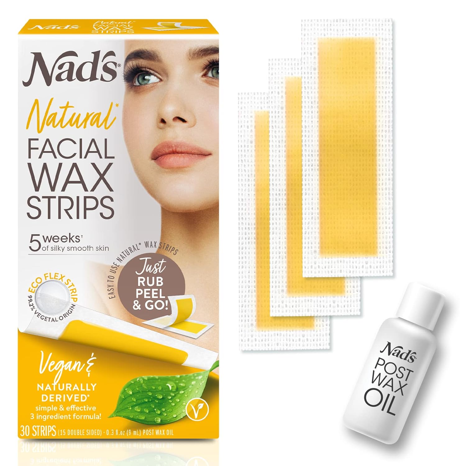 Nad'S Facial Wax Strips - Natural All Skin Types - Waxing Kit With 30 Face Wax Strips & Post Wax Oil, 1 Count