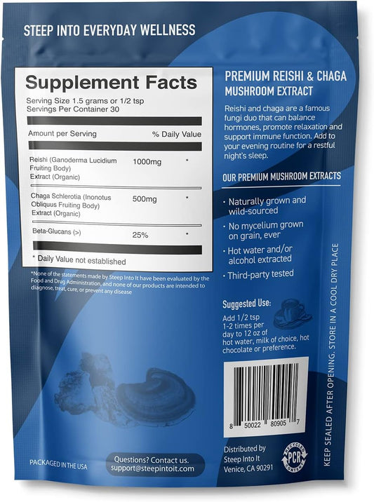 Steep Into It Organic Reishi and Chaga Mushroom Powder Supplement - Reishi Mushroom Extract for Stress Relief, Sleep and Immune Support (45g, 30 Servings) - Rest & Recharge