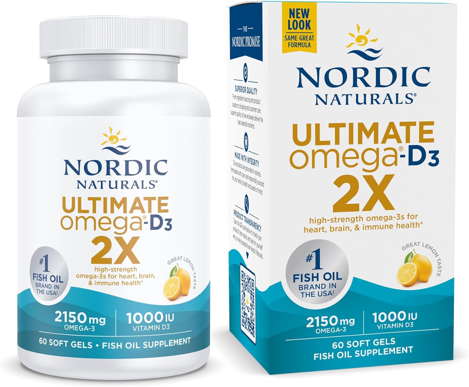 Nordic Naturals Ultimate Omega 2X with Vitamin D3, Lemon Flavor - 60 Soft Gels - 2150 mg Omega-3 + 1000 IU D3 - Omega-3 Fish Oil - EPA & DHA - Brain, Heart, Joint, & Immune Health - 30 Servings