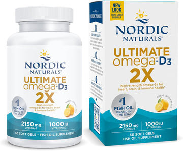 Nordic Naturals Ultimate Omega 2X with Vitamin D3, Lemon Flavor - 60 Soft Gels - 2150 mg Omega-3 + 1000 IU D3 - Omega-3 Fish Oil - EPA & DHA - Brain, Heart, Joint, & Immune Health - 30 Servings