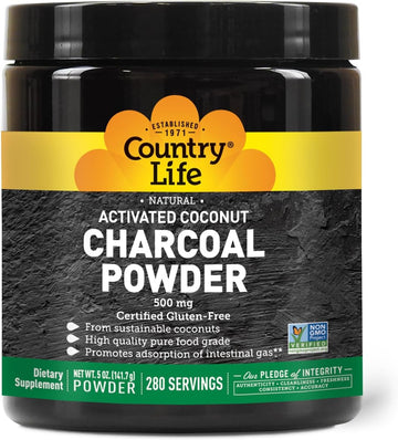 Country Life Activated Coconut Charcoal Powder 500Mg – Natural Activated Charcoal For Digestive Health, Gas & Bloating Relief, Diy Uses - Non-Gmo, Gluten-Free, Vegan, 5Oz Powder