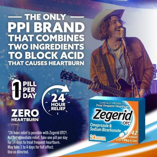 Zegerid Otc 24-Hour Heartburn Relief, The Only Proton Pump Inhibitor With Omeprazole 20Mg + Sodium Bicarbonate, Treats Frequent Heartburn, 14Ct Capsules