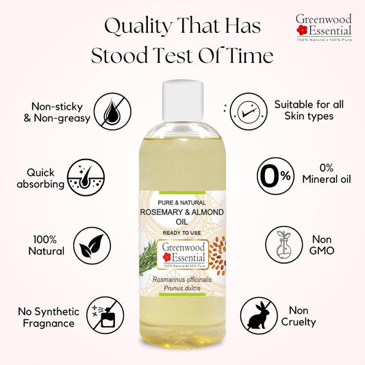 Greenwood Essential Rosemary And Almond Oil For Healthy Hair, Scalp And Roots- Pure And Natural 100Ml (3.38Oz)