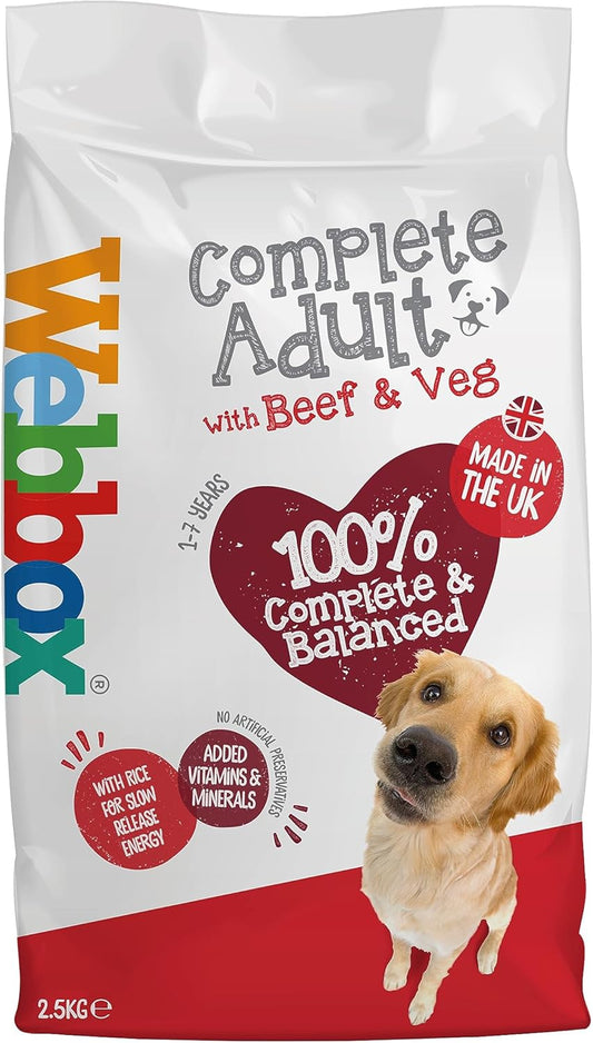 Webbox Complete Dry Dog Food (Adult), Beef and Vegetables - Wholegrain Cereals with Added Calcium and Essential Oils, Made in the UK (4 x 2.5kg Bags)