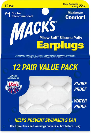 Mack'S Pillow Soft Silicone Earplugs, 12 Pair – The Original Moldable Silicone Putty Ear Plugs For Sleeping, Snoring, Swimming, Travel, Concerts And Studying | Made In Usa