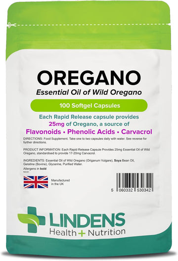 Lindens Oregano Oil 25Mg - 100 Capsules - Uk Made - Natural Source Of Phenolic Acids And Flavonoids - Origanum Vulgare - Easy Swallow & Rapid Release - 3+ Months Supply - Gmp & Letterbox Friendly