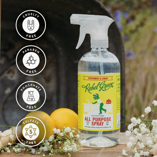 Rebel Green Natural All-Purpose Cleaning Spray - Essential Oil Multi-Surface Cleaner - Kid Safe, Pet Safe & Sustainable Cleaning Products - Peppermint & Lemon Scent - (16 Ounce Bottles, 1 Pack)