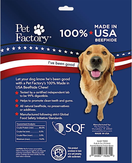 Pet Factory 100% Made In Usa Beefhide 6-7" Knotted Bones Dog Chew Treats - Beef & Chicken Flavor, 8 Count/1 Pack
