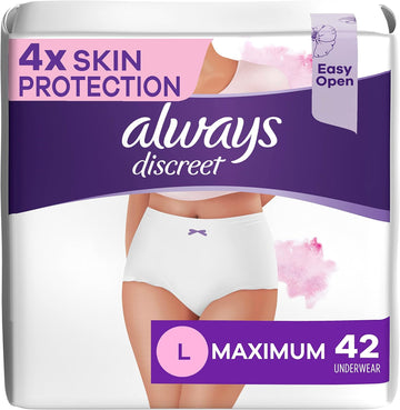 Always Discreet Adult for Sensitive Skin Underwear L Maximum Plus Absorbency Four Times Skin Protection Soft Dermatologically Tested Fragrance-Free, 42 Count